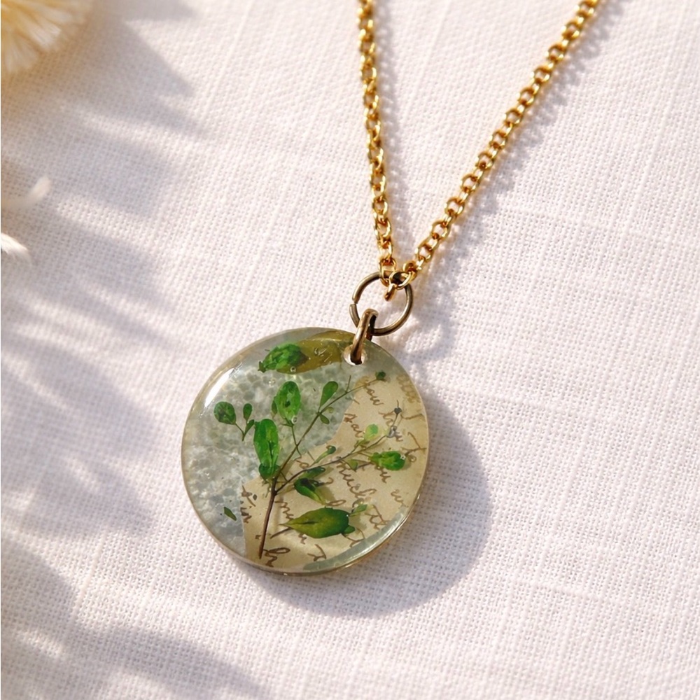 Gold Chain Necklace with Green Botanical Resin Pendant
